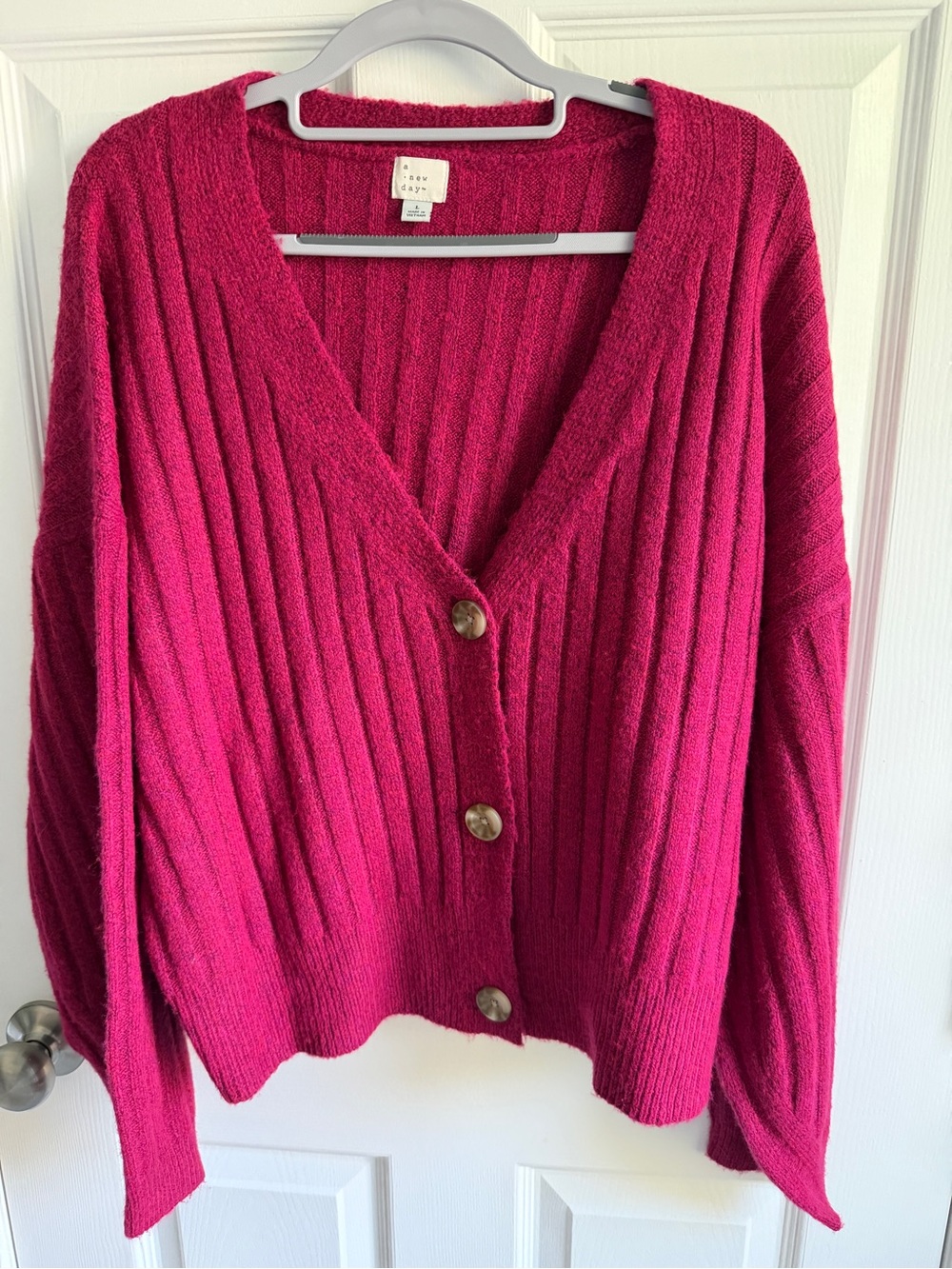 a new day Fuchsia Ribbed Button-Front Cardigan